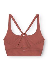 BH in Staubrosa, aus weichem, dehnbarem Material. Verfügt über ein überkreuztes Rücken-Design mit breiten Trägern und einer glatten Oberfläche.