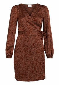 Vestido envolvente marrón con estampado de leopardo, mangas largas abullonadas, detalle de lazo en la cintura y una textura suave. Presenta un escote en V.