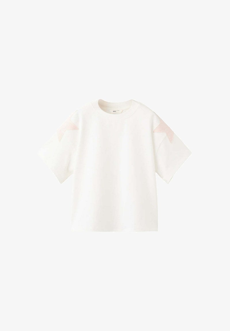 T-shirt blanc manches courtes col rond avec motifs d’étoiles rose pâle sur les deux épaules, présenté sur un fond blanc uni.
