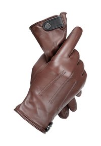 Smeđe kožne rukavice s mekom teksturom, s kopčanjem na gumb i detaljima šivanja na stražnjoj strani za dodatni stil.