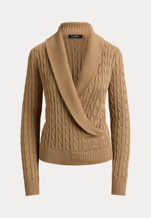 Lauren Ralph Lauren, CABLE COTTON-BLEND SHAWL-COLLAR SWEATER - Πουλόβερ - lauren camel