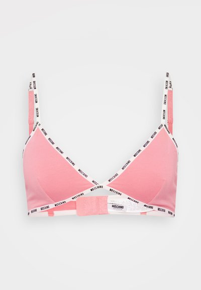 Light pink bralette with adjustable straps, featuring a “Moschino” branded elastic band and a soft, smooth texture. Front hook closure included.