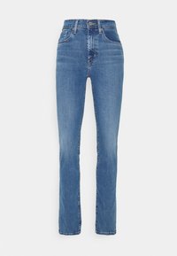 Blaue Jeans aus Denim mit schmalem Bund, geradem Bein, Knopfverschluss und klassischer Fünf-Taschen-Optik. Leichte Ausbleichungen an den Oberschenkeln.