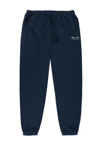 Granatowe spodnie dresowe z elastycznym pasem, sznurkiem, dwoma bocznymi kieszeniami i ściągaczami na kostkach. Mały biały napis na lewym udzie.