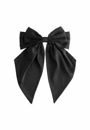Black satin bow with a central knot and two long, flowing tails. Features a smooth texture and subtle sheen, designed for decorative use.
