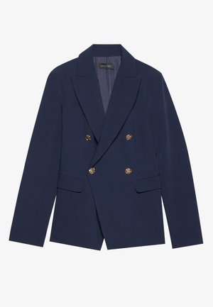 Marineblaues, doppelt geknöpftes Blazer aus glattem Stoff, mit goldfarbenen Knöpfen, Reverskragen und zwei Vordertaschen.
