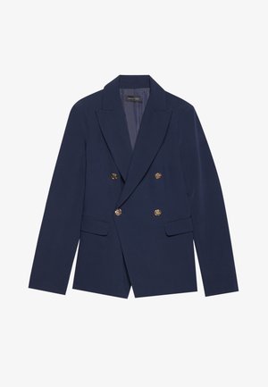 Mørkeblå dobbeltradet blazer laget av glatt stoff, med gullfargede knapper, notchede revers og to frontlommer.