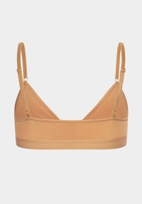 Bruine bralette met een driehoekige cupvorm, verstelbare banden en een zachte elastische rand aan de onderkant. Glad, rekbaar materiaal.