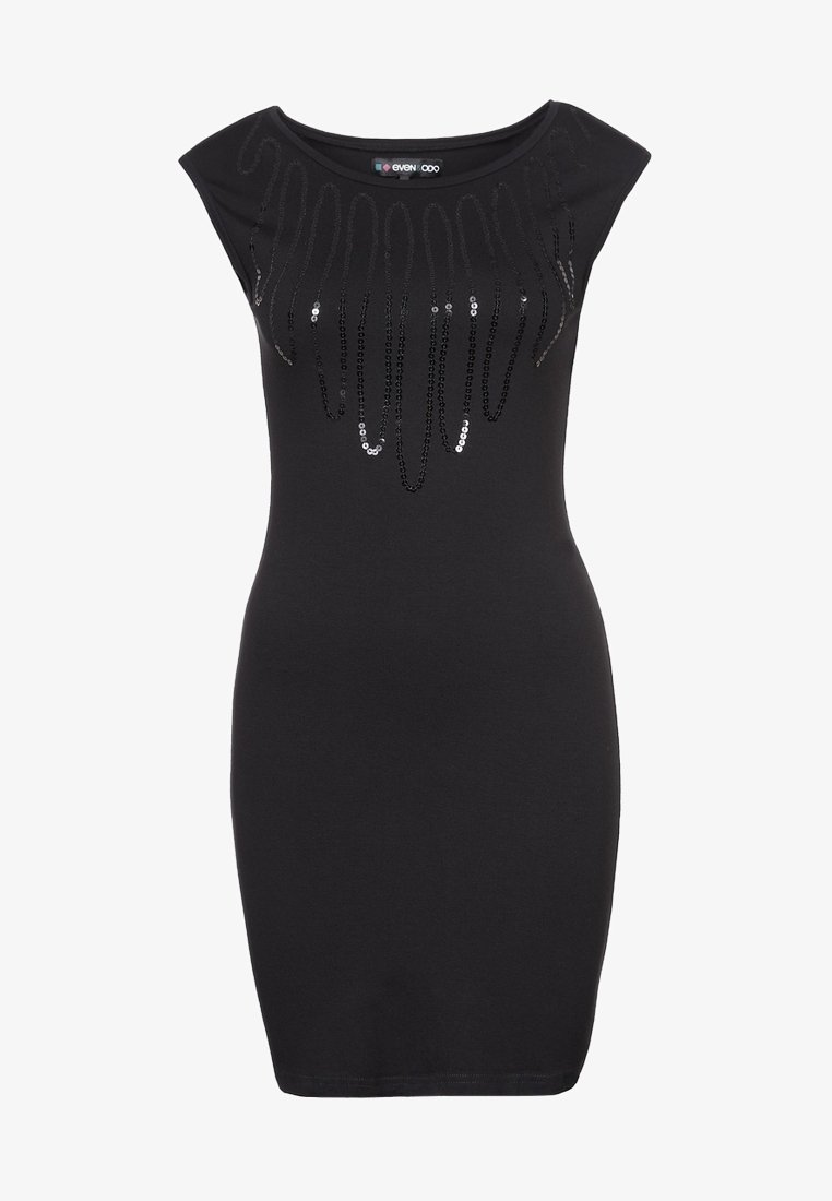 Robe noire ajustée sans manches avec encolure arrondie et ornements verticaux en sequins noirs et argentés sur le devant.