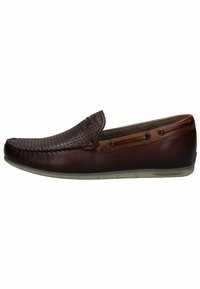 Brune læder loafers med perforeret design, polstret indersål, elastiske detaljer og gummisål. Siden har metaløjer.