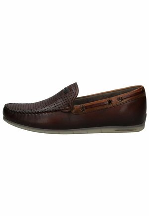 Braune Leder-Loafer mit durchbrochenem Design, gepolstertem Fußbett, elastischen Akzenten und Gummisohle. Die Seiten sind mit Metallösen ausgestattet.