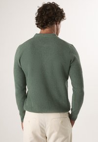 Grüner, gestrickter Pullover mit langen Ärmeln, strukturiertem Muster, einem umklappbaren Kragen und gerippten Manschetten, kombiniert mit hellbeigen Hosen.