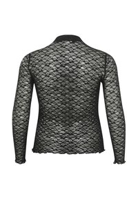 Schwarzes Spitzenoberteil mit langen Ärmeln, das ein florales Muster, eine transparente Textur und einen gewellten Saum sowie gewellte Bündchen aufweist.