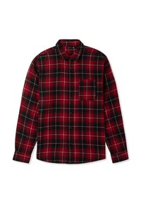 Camicia flanella a quadri rossa e nera con maniche lunghe, chiusura a bottoni davanti e una tasca sul petto. Tessuto morbido con linee bianche a contrasto nel motivo.