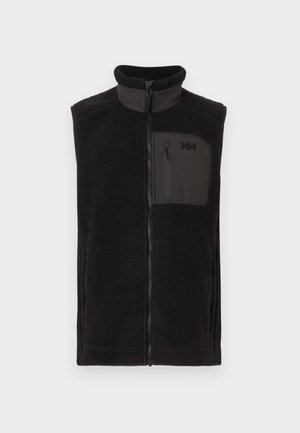 Zwarte fleece vest met hoge kraag, ritssluiting aan de voorkant en twee zijzakken. Voorzien van een borstzak met rits en logo op de zak.