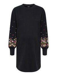 Black sweatshirt dress with long sleeves featuring a floral pattern in pink, white, and green at the cuffs. Made of soft, textured fabric.