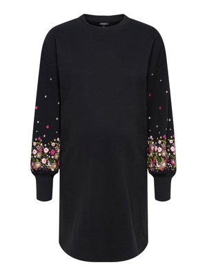 Robe sweat-shirt noire à manches longues avec un motif floral rose, blanc et vert aux poignets. Fabriquée en tissu doux et texturé.