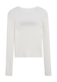 Langärmliges, geripptes Oberteil in Off-White, mit rundem Ausschnitt und taillierter Silhouette. Glatte Textur mit einem leicht durchsichtigen Rücken.