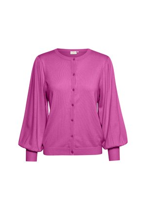 Cardigan rosa lavorato a maglia con scollo rotondo, chiusura con bottoni e maniche a palloncino. Presenta polsini e fondo a coste per una maggiore texture.