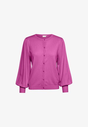 Rosa Strickjacke mit rundem Ausschnitt, Knopfverschluss und Ballonärmeln. Verfügt über gerippte Bündchen und Saum für zusätzliche Textur.