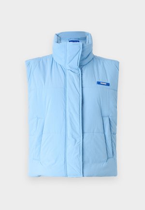 Giubbotto imbottito azzurro con colletto alto, due tasche frontali e un piccolo logo blu nell'angolo in alto a destra. Texture liscia e uniforme.