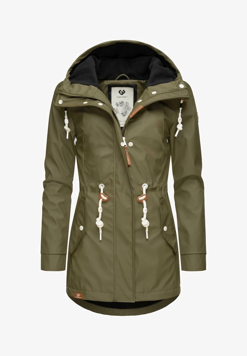 Olive green waterproof jacket with a zip front, adjustable drawstring waist, and two front pockets. Features white cord accents and a black fleece lining.