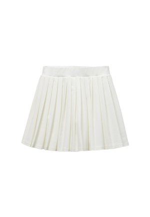 Mini-jupe plissée blanche avec taille ajustée, conçue pour une tenue décontractée ou formelle.