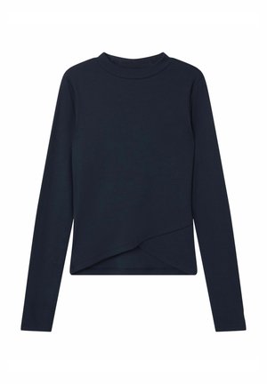 Haut bleu marine à manches longues avec un col montant et un ourlet asymétrique superposé à l'avant.