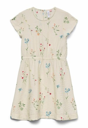 Vestido corto de manga corta color crema con cintura fruncida, con un delicado estampado floral multicolor de pequeñas flores silvestres.