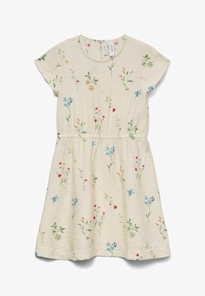 Cremiges Kurzarmkleid mit geraffter Taille, mit einem zarten mehrfarbigen Blumenmuster aus kleinen Wildblumen.