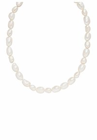 Collier en perles composé de perles blanches de forme irrégulière, d'une texture lisse et brillante, enfilées ensemble en une boucle continue.