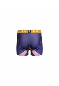 Boxer briefs avec une ceinture élastique jaune, présentant une base violette et un motif abstrait rose sur les côtés ; en tissu extensible.