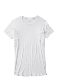 White short-sleeve t-shirt made from smooth, lightweight fabric. Features a round neck and subtle side seam detailing.