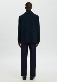 Cappotto in misto lana navy con vestibilità su misura, dotato di colletto a baverina e maniche lunghe, abbinato a pantaloni scuri e scarpe nere.