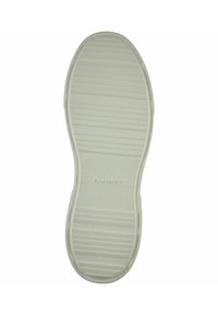 Suola delle scarpe in gomma bianca con un motivo testurizzato e rigato. Caratterizzata da un marchio e un indicatore di taglia, bordi lisci e una forma curva.