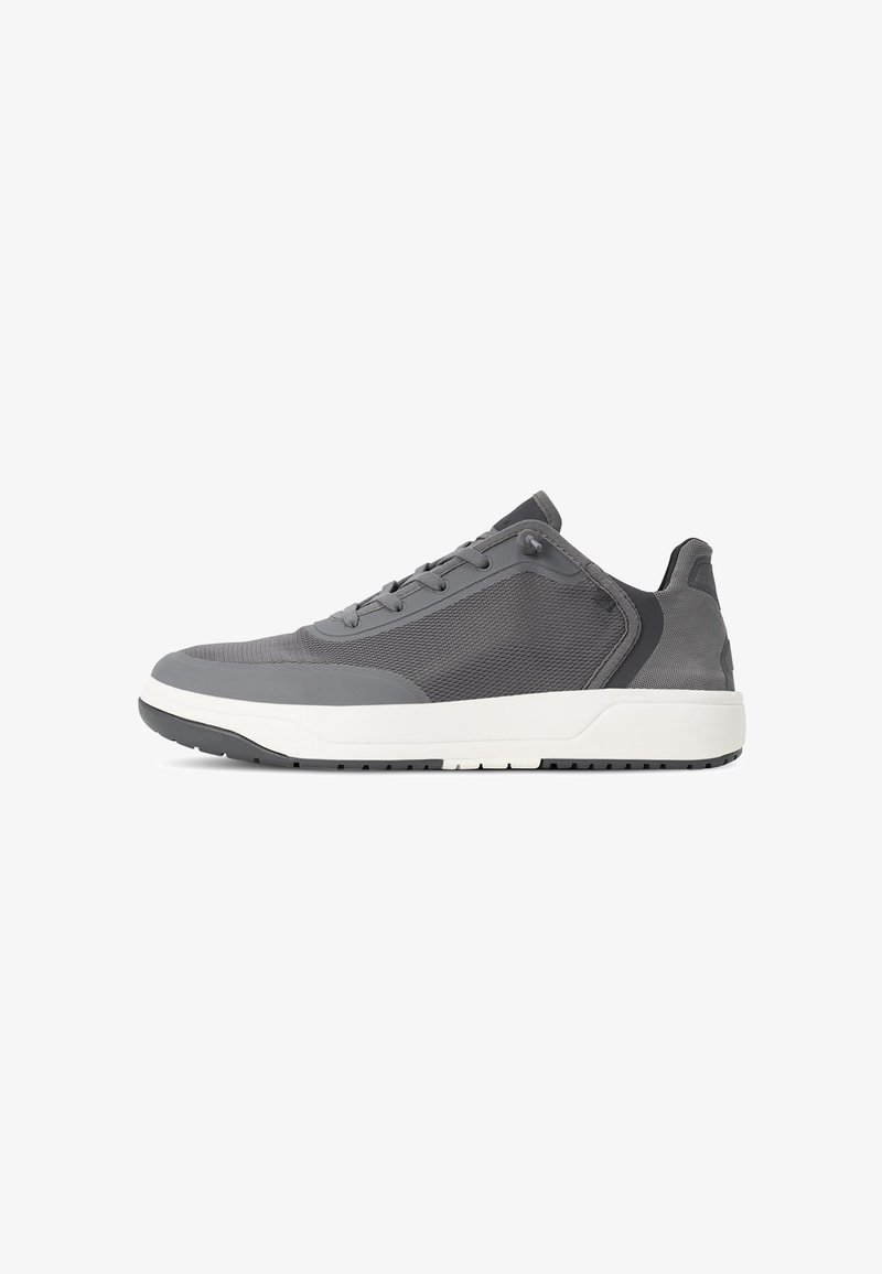 Gray athletic shoe with mesh and synthetic materials, featuring a round toe, lace-up design, white midsole, and textured rubber outsole.