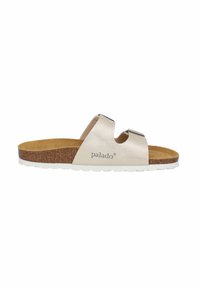 Infradito beige chiaro con plantare in sughero, due fasce larghe, fibbie metalliche e suola decorata per una presa sicura. Nome del marchio "palado" stampato di lato.