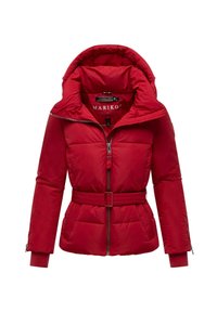 Red puffer jacket with a high collar and detachable hood. Features zip closure, belted waist, and two front pockets with ribbed cuffs.