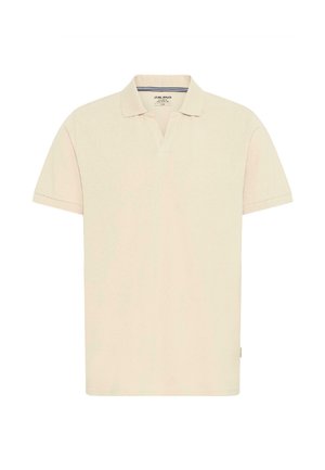 Beige short-sleeve polo shirt with open collar, subtle logo on chest, and a size tag inside the neckline.