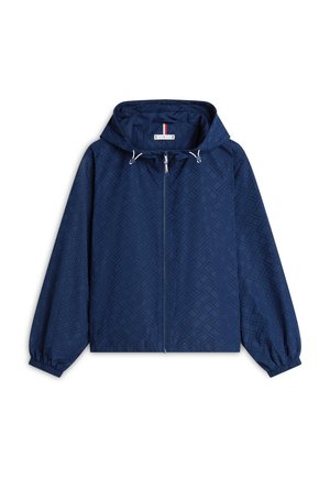 Jachetă cu glugă, de culoare albastru marin, cu un model geometric subtil, fermoar frontal, mâneci cu elastic și șnururi reglabile la glugă.