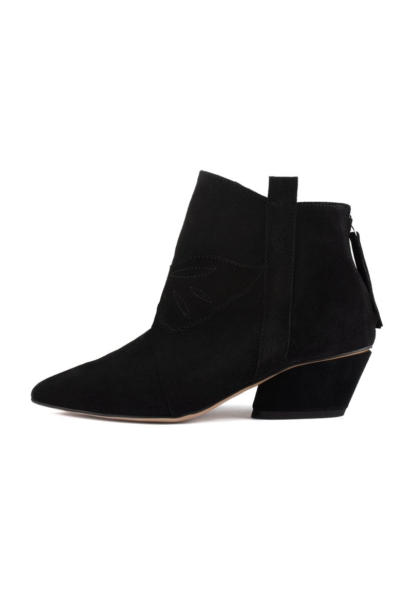 Czarne zamszowe botki sięgające kostki z szpiczastym noskiem, ozdobnym przeszyciem i niskim, skośnym obcasem. Posiadają pętelkę oraz zamek błyskawiczny z tyłu.