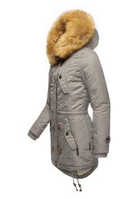 Gray insulated parka with a large faux fur collar, featuring a zip and button closure, adjustable waist, and ribbed cuffs.