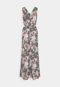 Robe longue avec encolure en V, sans manches, taille cintrée et motif floral dans des nuances de rose, bleu et noir. Tissu léger.