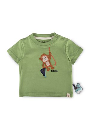 Grünes Kleinkind-T-Shirt mit besticktem lächelnden Affen, der an einem roten Seil klettert, und dem Schriftzug „sigikid“ auf der Vorderseite, kurze Ärmel, zwei Druckknöpfe an der Schulter.
