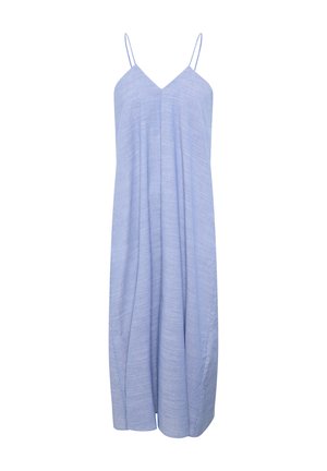 Vestido sin mangas a rayas azules con escote en V, corte relajado, tejido fluido y bolsillos laterales. Textura ligera adecuada para el clima cálido.