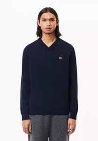 Pullover v-neck di colore blu navy realizzato in tessuto a maglia, con il logo verde Lacoste sul lato sinistro del petto e maniche lunghe con polsini a coste.