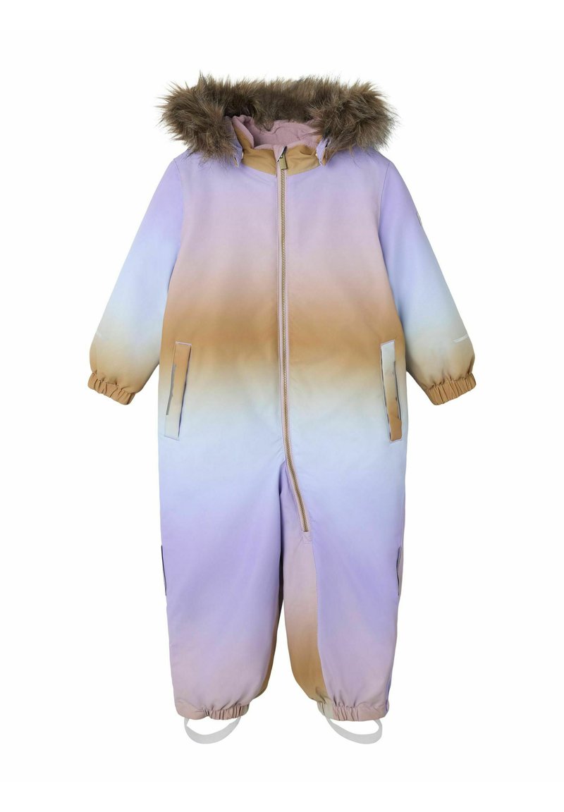 Kleurgebloeide skibroek met een verloop van lavendel naar tan, voorzien van een nep bontcapuchon, een ritssluiting aan de voorkant en elastische manchetten en enkels.