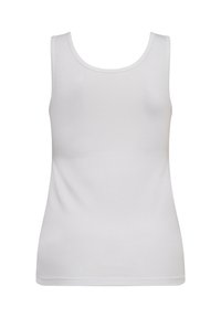 Hvid bomulds tanktop, uden ærmer, rund halsudskæring, glat tekstur, tætsiddende design, uden mønstre eller hardware, rent og simpelt udseende.