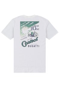 Bílá bavlněná tričko s retro potiskem Bugatti, hodinek a textu v zelené a černé barvě. Design zahrnuje závodní detaily a vintage styl.
