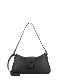Schwarze, strukturierte Lederhandtasche mit flachem Boden, geschwungenem Profil, Druckverschluss und verstellbarem Riemen. Verfügt über einen rechteckigen Hardware-Akzent.